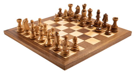 A wooden chess board with all the pieces set up, isolated on transparent background