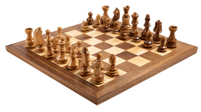 A wooden chess board with all the pieces set up, isolated on transparent background - Powered by Adobe