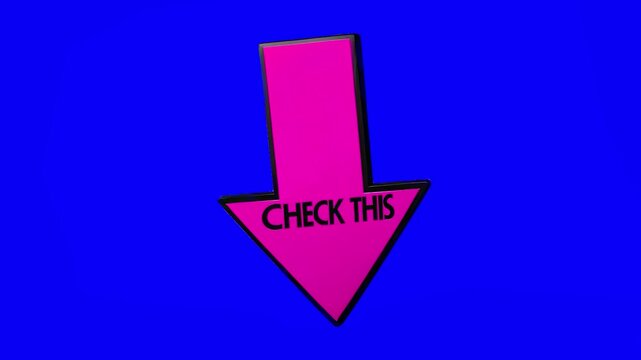 A large pink arrow pointing downward with the text CHECK THIS inscribed inside, set against a solid blue background. This bold 3D-style animation serves as a high-visibility pointer for digital market