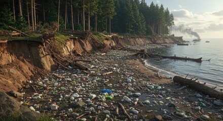 Polluted Shoreline with Forest and Ship in Background