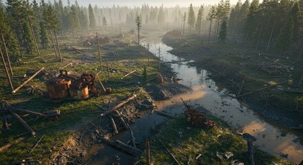 Post-Apocalyptic Forest Landscape with Abandoned Machinery