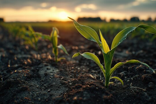 Corn growing in early season Seedlings in a corn field at sunrise sunset with black dirt