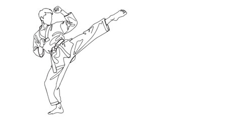 Minimalist line art illustration of a martial artist wearing a traditional uniform and belt, executing a powerful high kick, perfect for martial arts posters, sports branding, karate