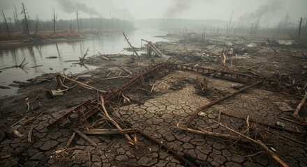 Post-Apocalyptic Landscape of Industrial Ruins and Cracked Earth