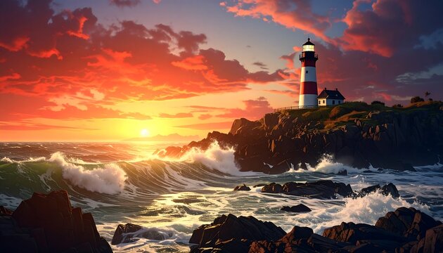 Coastal scene featuring a white and red lighthouse perched on rocky cliffs with waves crashing against the shore during a fiery sunset