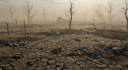 Post-Apocalyptic Wasteland with Barren Trees and Debris