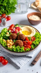 Healthy Mediterranean bowl with falafel, hummus, and vegetables