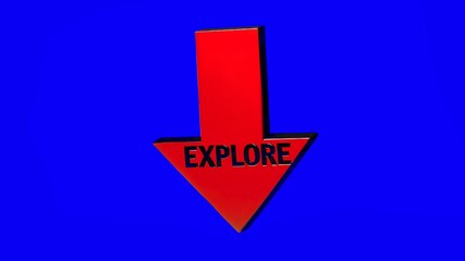A bright red 3D arrow pointing down with bold white EXPLORE text continuously spins in a seamless loop against a solid blue background. Great for app interfaces, tutorial videos, content discovery sec