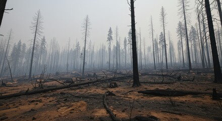Post-Wildfire Forest Landscape with Smoke and Debris