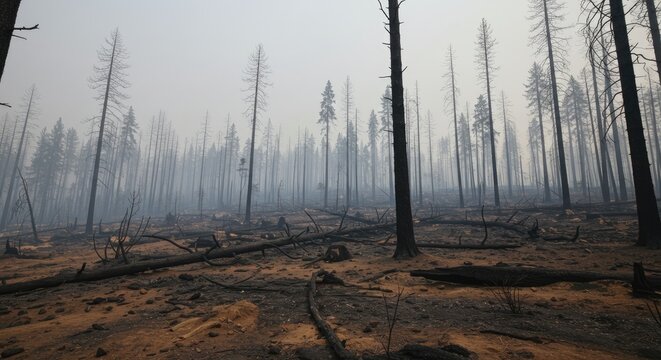 Post-Wildfire Forest Landscape with Smoke and Debris