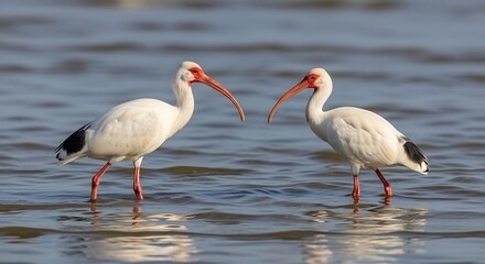 White Ibis Birds Sharing a Meal.