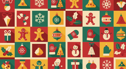 Retro christmas pattern with flat icons of ornaments snowflakes and gingerbread men