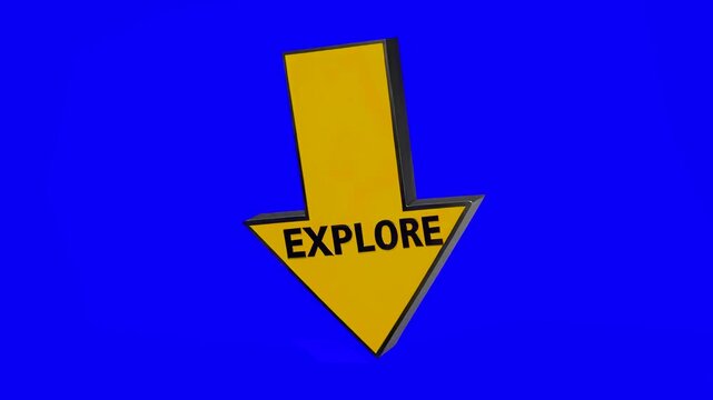 A yellow 3D arrow featuring the word EXPLORE pointing downwards against a solid blue background. Great for highlighting links, new content, or call-to-action sections.