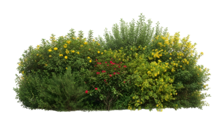Green bush with dense foliage and small yellow flowers, natural outdoor shrub isolated on transparent background