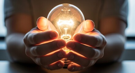 Man holding a bright light bulb in his hands, symbolizing a new idea or innovation concept