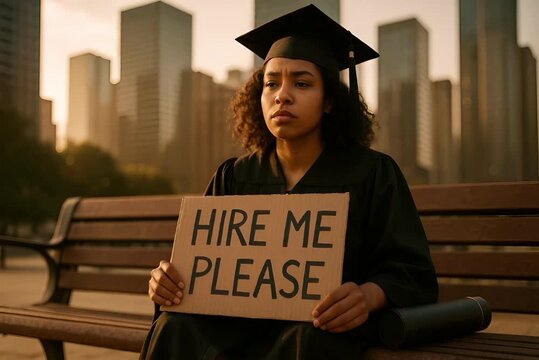 Graduate in Cap and Gown Holding Hire Me Please Sign