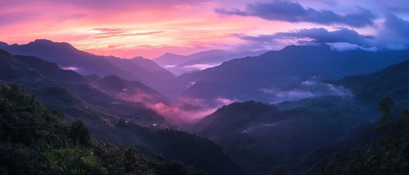 Panoramic mountain range at vibrant sunrise/sunset