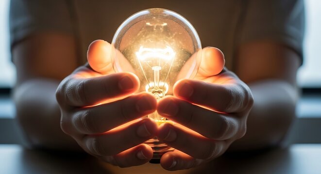 Man holding a bright light bulb in his hands, symbolizing a new idea or innovation concept