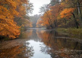 Fototapeta premium Autumnal forest reflects in a calm river