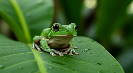 Obraz premium Vibrant Green Tree Frog Perched on Lush Leaf with Water Droplets Captivating Nature