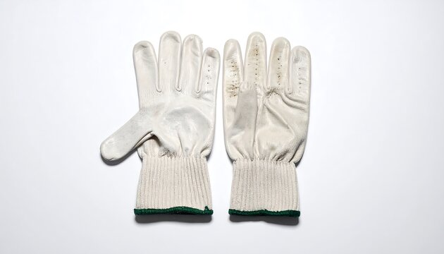 Pair of white work gloves with ribbed cuffs, green trim, resting on a white surface