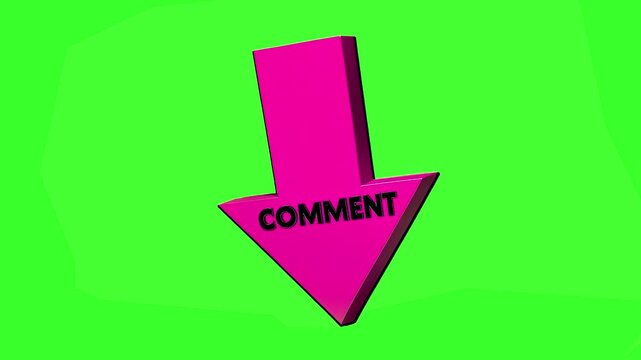 A bold pink 3D arrow with the text COMMENT pointing downwards toward a section or link. Set against a green screen, it is perfect for social media engagement, YouTube call-to-actions, and interactive 