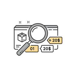 Modern Vector Illustration of Magnifying Glass Over Webpage with Box and Price Tags Minimalist Design