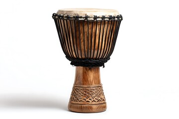 Unique wooden djembe drum with intricate carvings ready to bring rhythm and soul to your music project or cultural presentation now