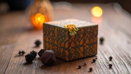 Gift Box with Floral Embellishment on Wooden Surface with Bokeh Effect