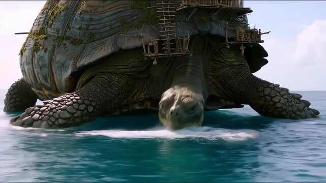 Giant tortoise with a wooden structure on its back in the ocean