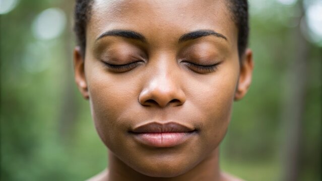A serene portrait of a woman with her eyes closed, embodying tranquility and introspection in a natural setting. - Powered by Adobe