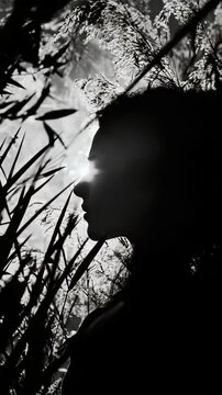 A black and white photo of a person in the grass