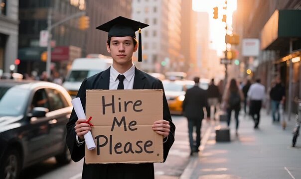 Graduate in Cap and Gown Holding Hire Me Please Sign