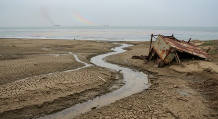 Rusted Shipwreck and Cracked Earth by the Sea