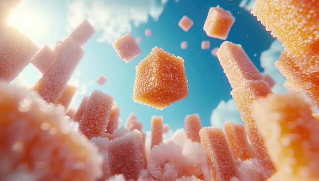 Floating orange cubes and pillars amid soft clouds