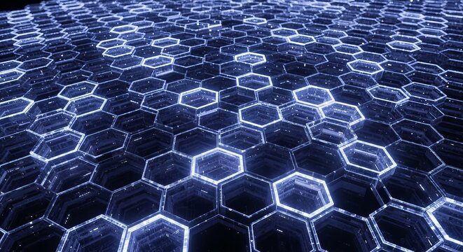 Abstract hexagonal grid with glowing blue lines, creating a futuristic and technological pattern - Powered by Adobe