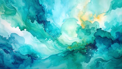 Abstract painting of swirling teal and turquoise colors with hints of gold