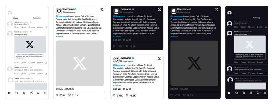 Twitter X social network app post mockup. Mobile user interface feed template in light and dark mode with tweet layout and interaction icons.