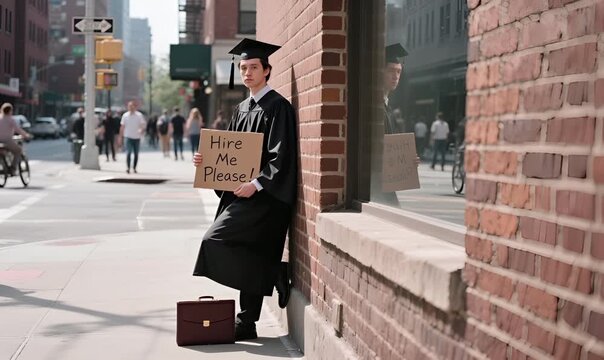 Graduate in Cap and Gown Holding Hire Me Please Sign