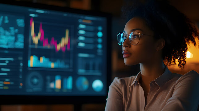 In a diverse and modern office, a successful Black female digital entrepreneur uses a TV screen to display big data statistics while discussing company growth and strategy with investors.