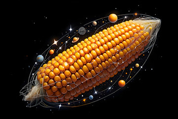 A cosmic corn cob with planets and stars orbiting against a stark black space background design