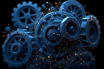 A close up view of several blue gears connected by lines and dots on a black background