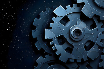 A close up view of several interlocking gears against a dark starry background illustration