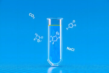 A clear test tube filled with liquid surrounded by chemical formulas on a vibrant blue background