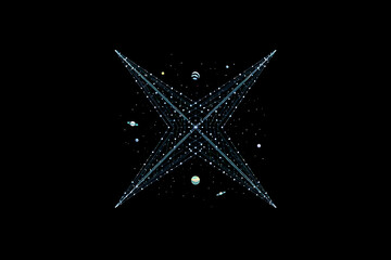 A celestial x shape made of lights surrounded by planets and stars on a black background night sky