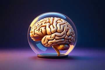 A brain model encased in a glass dome on a purple and blue gradient background with soft lighting