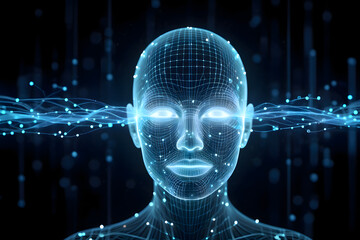 A blue wireframe human figure with glowing eyes and data streams on a black background close up
