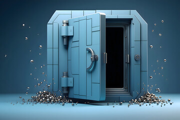 A blue vault door is slightly open with silver spheres around it on a blue background studio shot