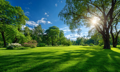 Obraz premium Vibrant spring nature backdrop with a pristine, neatly trimmed lawn and lush trees under a clear blue sky adorned with soft clouds on a sunny day