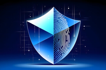 A blue shield with a fingerprint on it against a dark blue background with light accents lines dots